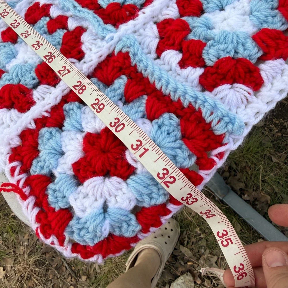 Handmade Crochet Granny Square Blanket Red White Blue Throw 39x33 Cottagecore